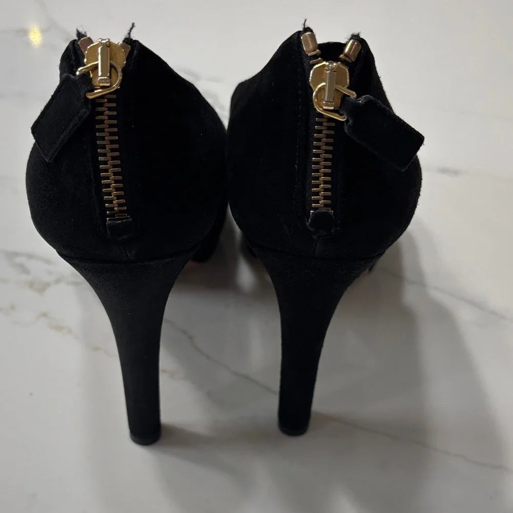 Prada Black Suede Heels with Gold Zipper - Picture 1 of 17